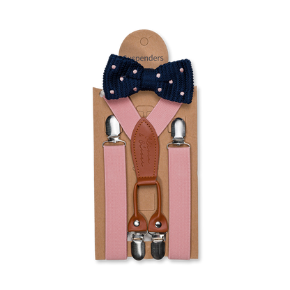 Pink suspenders with blue bow tie
